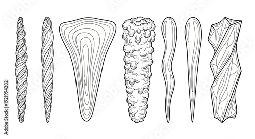 Collection of abstract shapes and twisted forms displayed in a line, showcasing various textures and patterns in a minimalist illustration style.