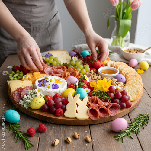A person arranges an Easter-themed charcuterie board with colorful eggs, cheeses, fruits, meats, and bunny shapes on a wooden table. Generative AI.