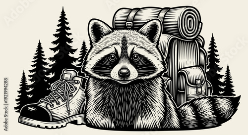Raccoon with backpack and hiking boots in a forest landscape surrounded by trees viewed from the front