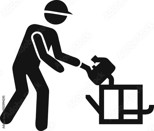 A worker wearing a hard hat waters a potted plant with a watering can for care