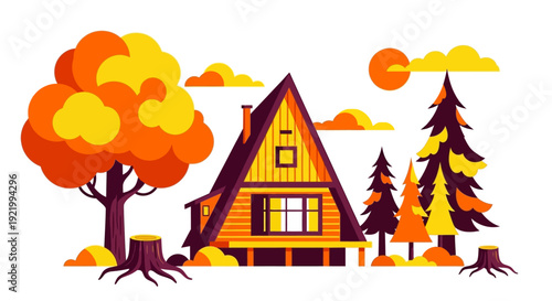Cozy autumnal house surrounded by vibrant trees and foliage in a serene landscape scene