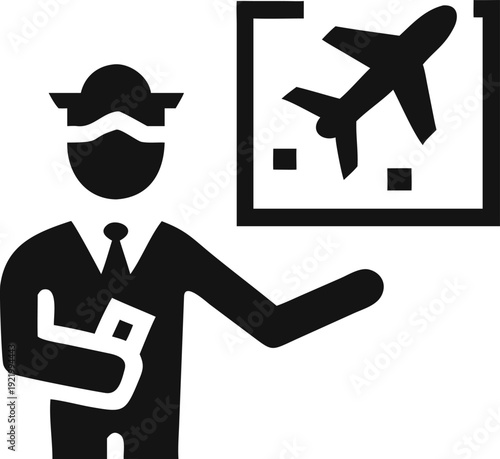 Airport official presenting flight details and travel arrangements for airplane passengers