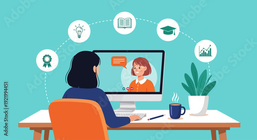 Woman engaged in online video call at desk with computer and office supplies surrounded by education icons
