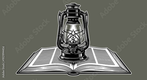 An open book with a vintage lantern on top viewed from a slight angle on a dark background