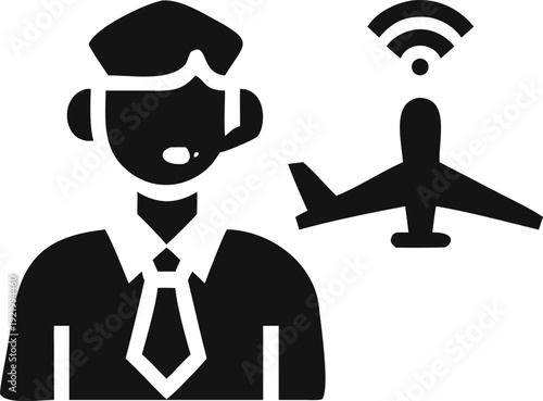 Airport ground crew member or dispatcher communicating with aircraft using a headset and signal