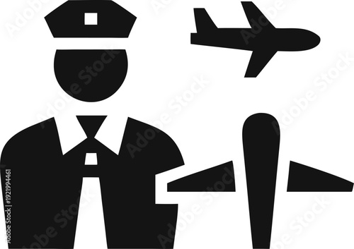 Airport professional figure with an airplane symbol representing global travel and aviation services