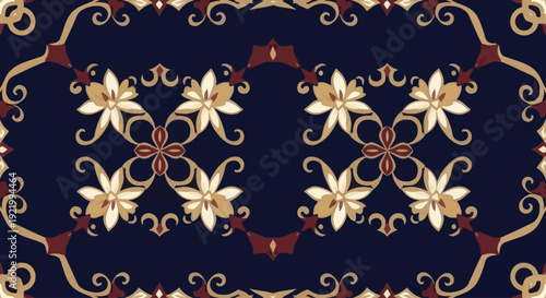 Ornate floral pattern illustration featuring lilies, swirls, and decorative elements on a dark blue background from a direct viewpoint