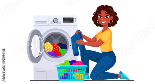 Woman kneeling beside a washing machine, holding clothes, with a laundry basket nearby, in a domestic setting, viewed from the side.