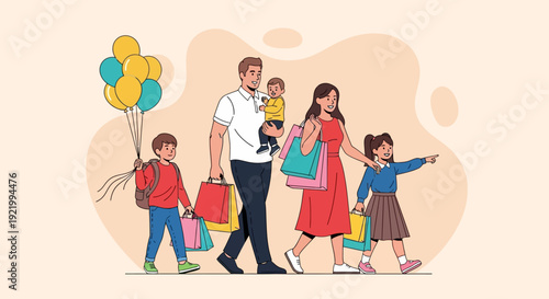 Happy family walking together with shopping bags and colorful balloons on a joyful outing