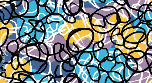 Abstract colorful illustration featuring swirling shapes and vibrant colors in a dynamic composition viewed from directly above