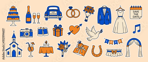 Wedding Elements: A charming array of wedding symbols and items is tastefully arranged, including the cake, car, rings, flower, dress, cake, champagne, a touch of elegance