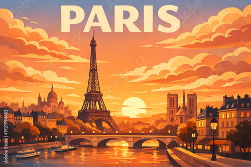 Vintage Paris Travel Poster Illustration with Eiffel Tower at Sunset