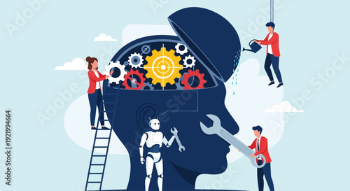 Creative minds at work, fixing a giant human head with various tools and machinery, surrounded by innovative ideas and collaboration