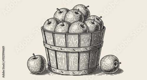 A wooden basket overflowing with fresh apples, surrounded by loose fruit on the floor, illustration, close-up view