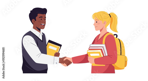 Two students shaking hands while holding books in a friendly gesture