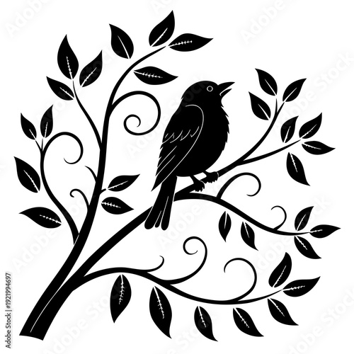 Silhouette of a bird sitting serenely on a decorative branch with foliage and graceful swirls, black and white vector graphic
