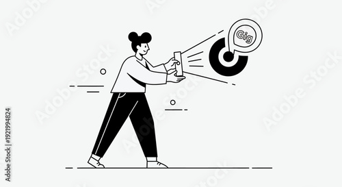 Illustration of a person using smartphone to point at a target with 'gig' icon