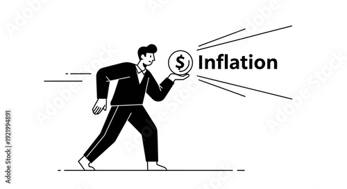 Man holding a dollar coin with 'Inflation' text spreading out from it