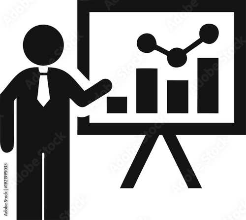 Business professional explaining financial data with a statistical bar and line chart presentation