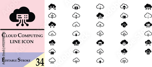34 Cloud computing line icon set flat design vector illustration