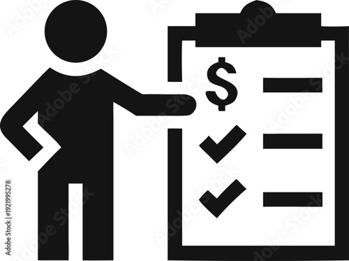 Business professional pointing to a financial checklist with dollar sign and completed tasks