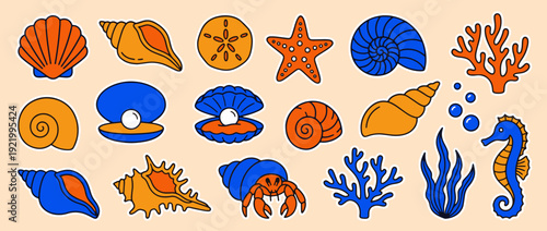 Ocean Treasures Collection: A vibrant assortment of marine life elements, seashells, coral, and a seahorse create a captivating illustration, showcasing the wonders of the underwater world.