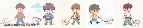 A Boy Walking a Cat Vector Illustration