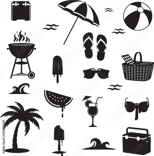 Summer vacation beach icons set with barbecue and refreshing drinks isolated on transparent background