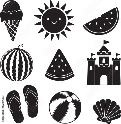 Summer vacation icons collection with beach and food elements in simple style design