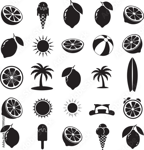Summerthemed icons collection featuring citrus fruits and beach elements in monochrome style