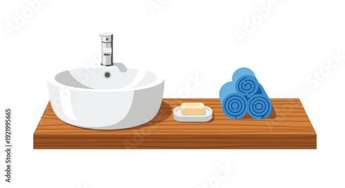 A modern white vessel sink sits on a natural wooden shelf, accompanied by a bar of soap and a stack of three rolled blue towels.