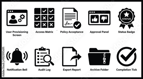 Icons representing various quality control and management processes