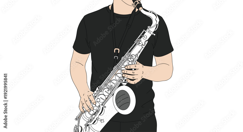 Naklejka premium A person with light skin wearing a simple black t-shirt stands holding a shiny alto saxophone by its body and neck against a white background.