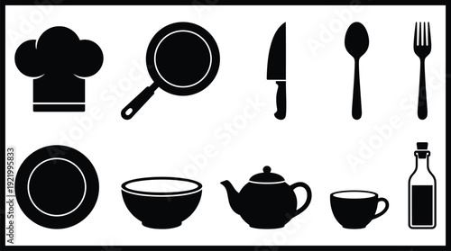 Kitchen utensils and dishes on a white background