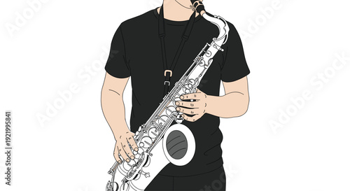 A person with light skin wearing a simple black t-shirt stands holding a shiny alto saxophone by its body and neck against a white background.