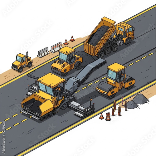 Road construction site with heavy machinery and vehicles.