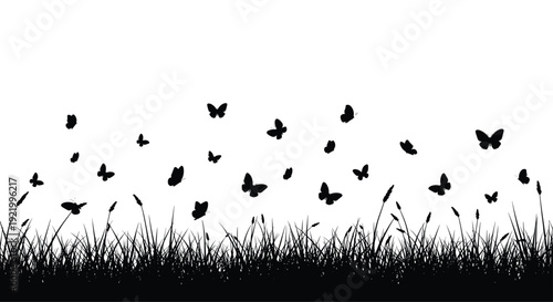 A vast silhouette of wild grass and blooming plants fills the lower portion, with numerous black butterflies actively flying above it on a clean white background.