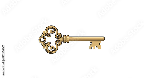 A luxurious golden vintage skeleton key with intricate scrollwork on its bow and a classic bit is lying flat on a pristine white background.