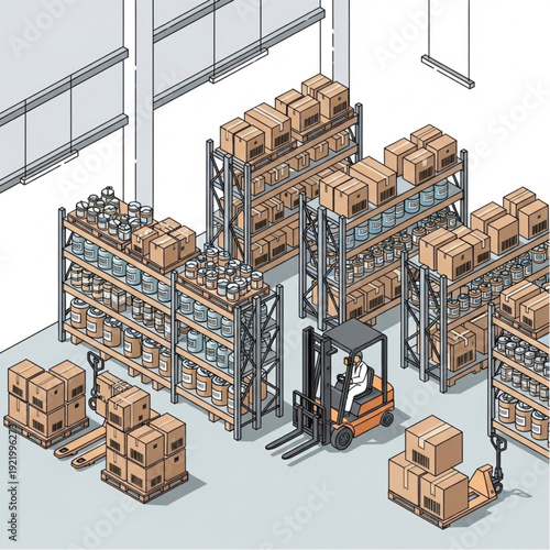 Warehouse Storage Facility with Forklift and Cardboard Boxes.