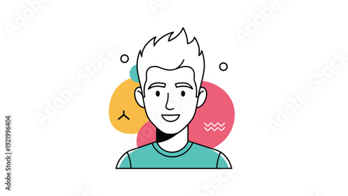 Stylized portrait of a smiling young man with light hair and abstract colorful shapes in the background for profile.