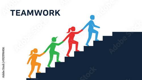 Teamwork concept showing a line of colorful people silhouettes helping each other climb up a set of stairs towards success.