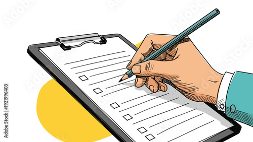 Close up of a hand holding a pencil and ticking off items on a clipboard checklist for task management and organization.