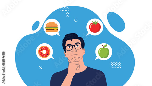Thinking man considering food choices between healthy fruits and vegetables and unhealthy fast food on a blue background.