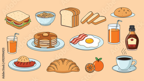 Delicious breakfast food collection including pancakes eggs bacon coffee orange juice and pastries on a light background.