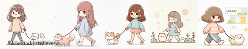 A Girl Walking a Cat Vector Illustration