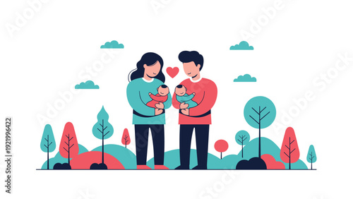 Happy young parents standing in a green park environment while holding their newborn twin babies with love and care.
