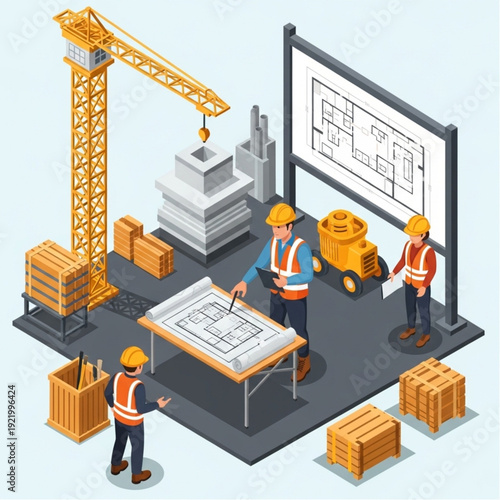 Construction site with workers and heavy machinery in operation.