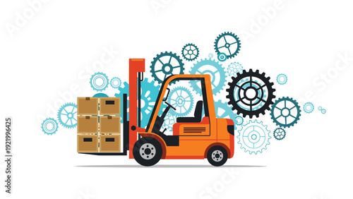 Industrial forklift truck carrying a load of cardboard boxes with mechanical gears in the background for warehouse operations.