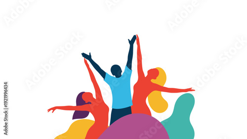 Joyful people silhouettes dancing and celebrating with raised arms in a colorful and abstract creative composition.