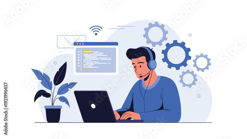 Tech support specialist or developer working on a laptop with gears and code icons representing software maintenance.